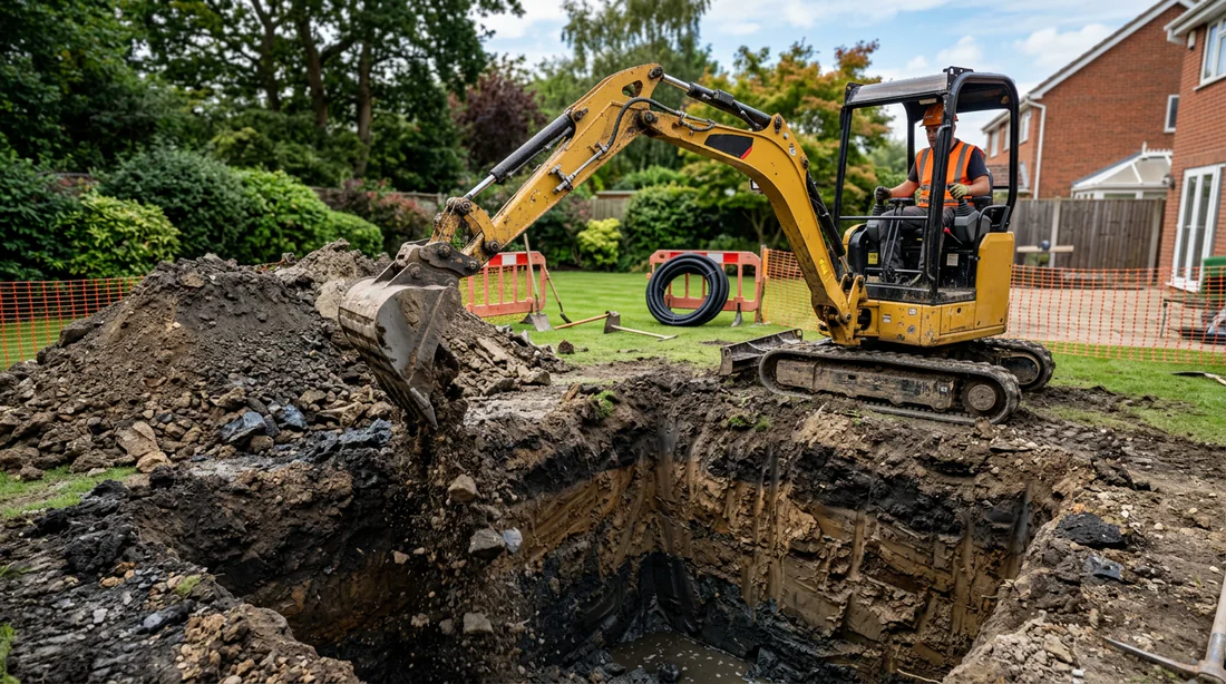 Pelleteuse réalisant le terrassement de la fosse pour la cuve en béton
