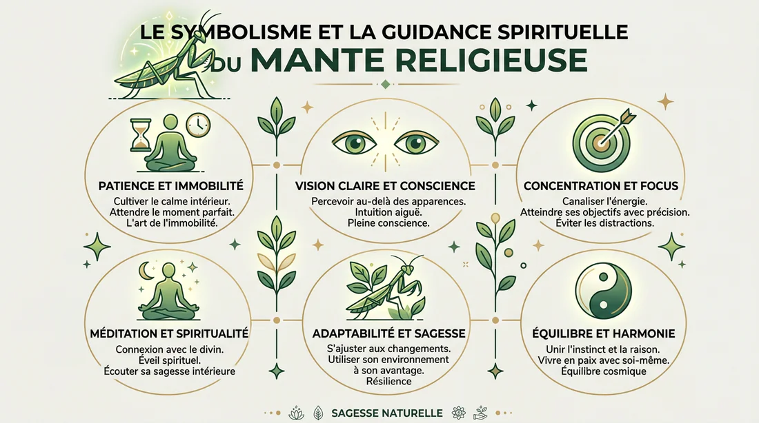 Infographie résumant les messages spirituels de la mante religieuse