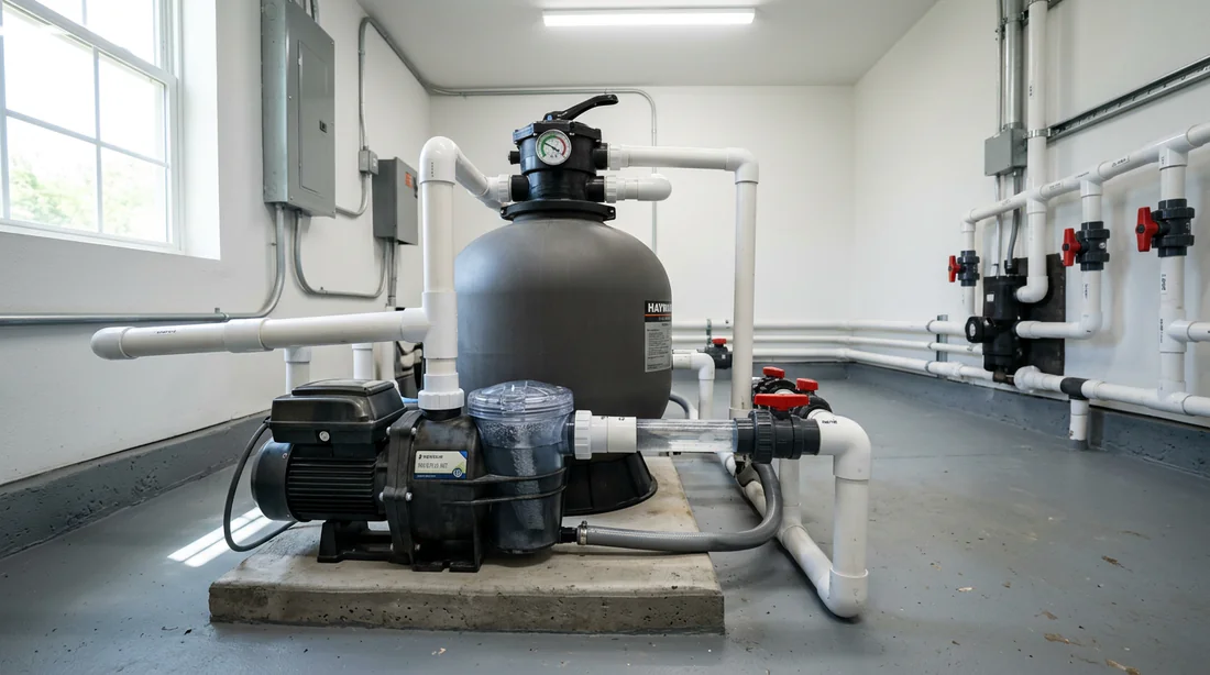 Système de filtration et pompe de piscine en fonctionnement dans un local technique.
