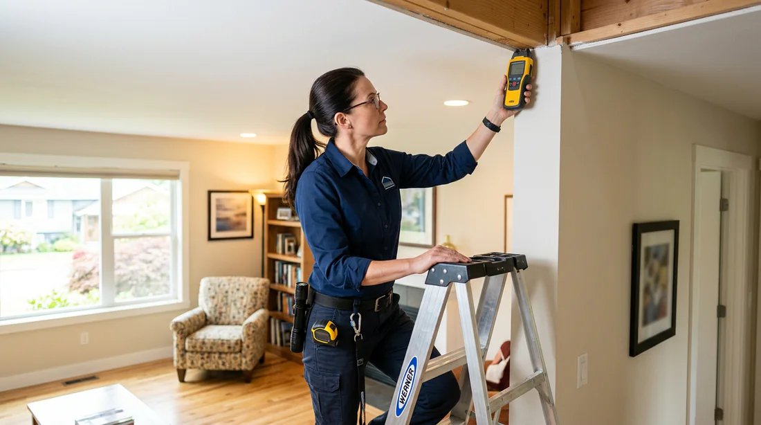 Expert en bâtiment inspectant une fissure de plafond importante