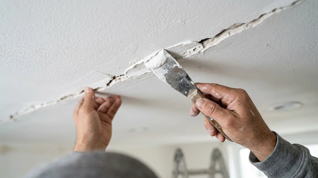 Application de l'enduit de rebouchage dans la fissure du plafond