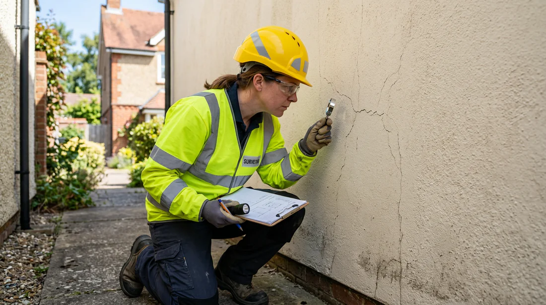 Expert bâtiment analysant des fissures sur le crépis d'un mur