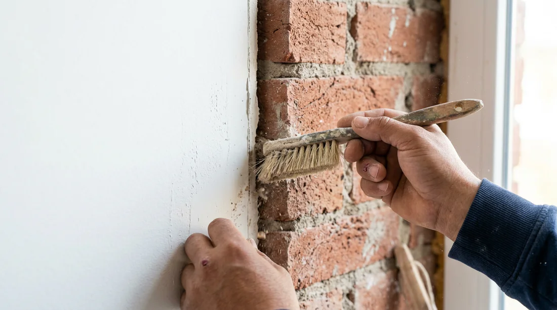 Préparation et nettoyage de la jonction entre le Placo et le mur en brique