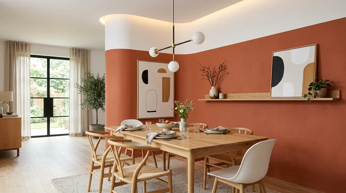 Salle à manger scandinave valorisant le contraste de couleur avec une corniche arrondie.