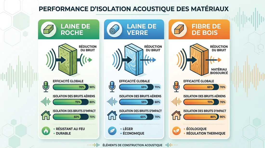 Infographie comparative des performances des isolants acoustiques pour cloisons.