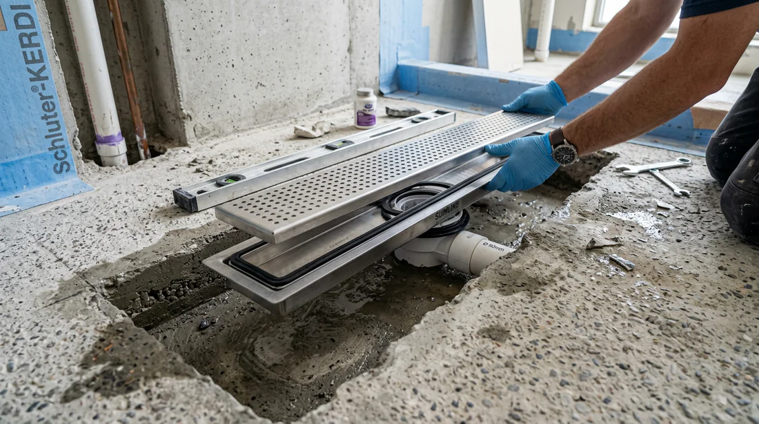 Installation du système d'évacuation et de la bonde de douche dans la dalle en béton