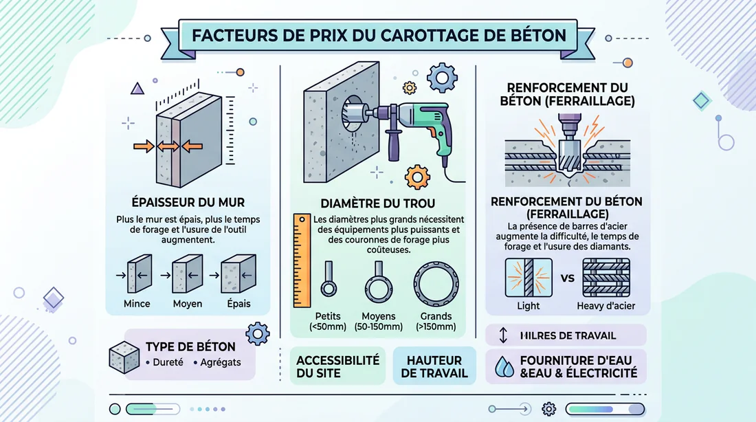Infographie expliquant les facteurs influençant le prix d'un carottage de béton en 2026