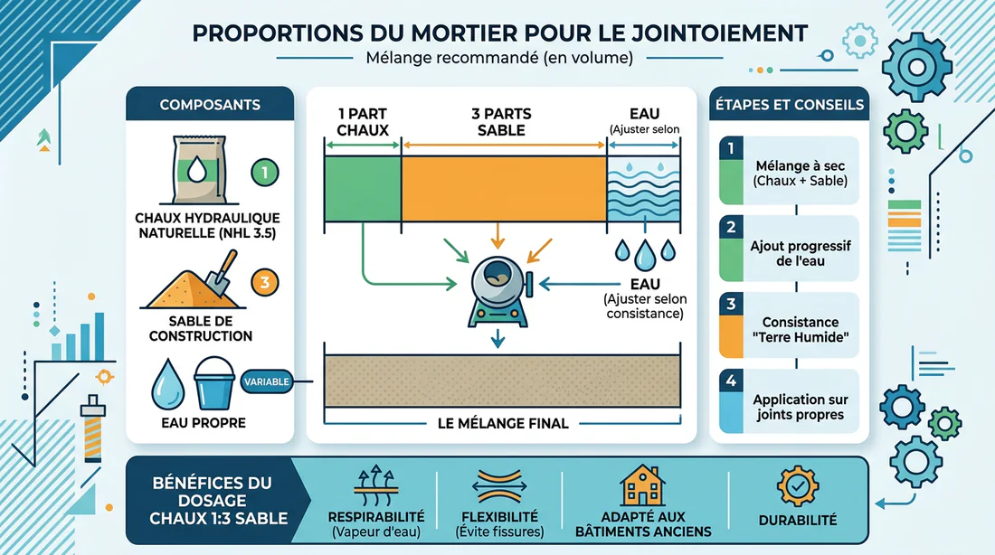 Infographie expliquant le dosage idéal du mortier de chaux pour briques