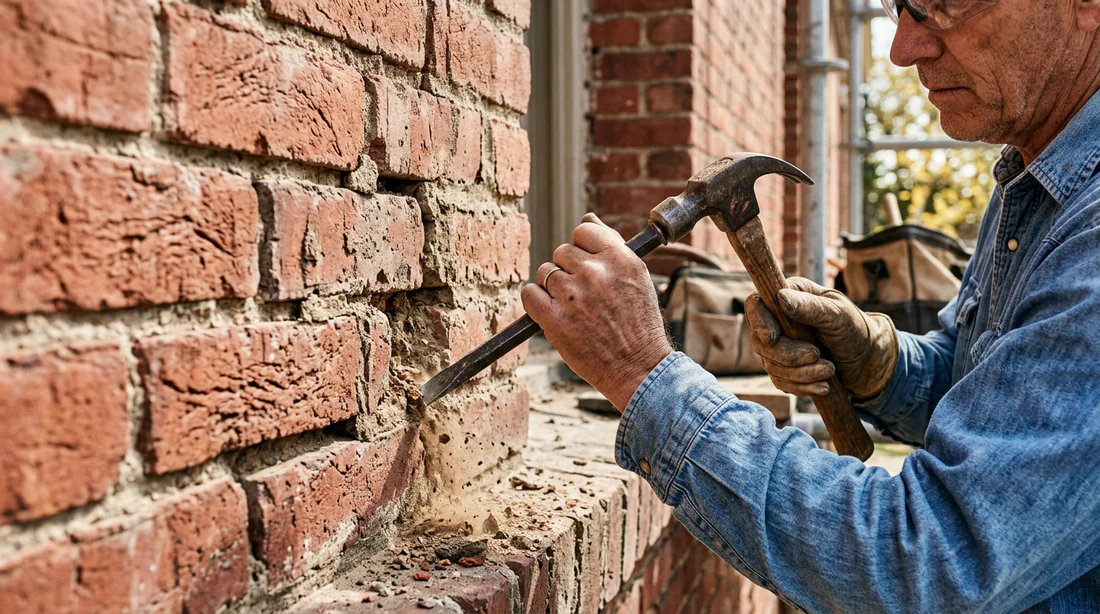 Artisan creusant et préparant les anciens joints de briques