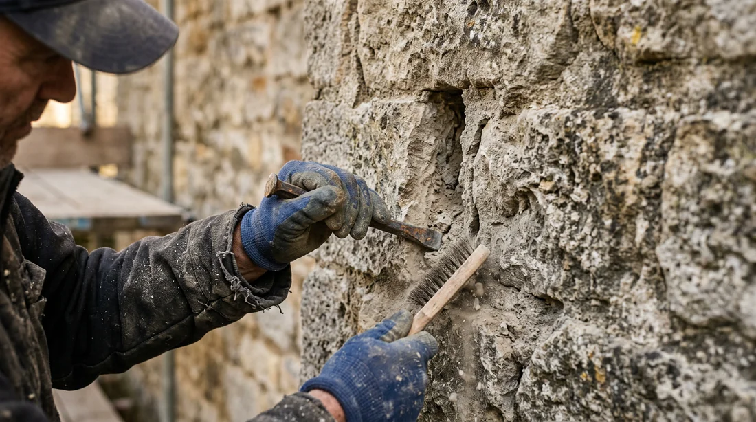 Dégarnissage des joints abîmés sur un mur en pierre