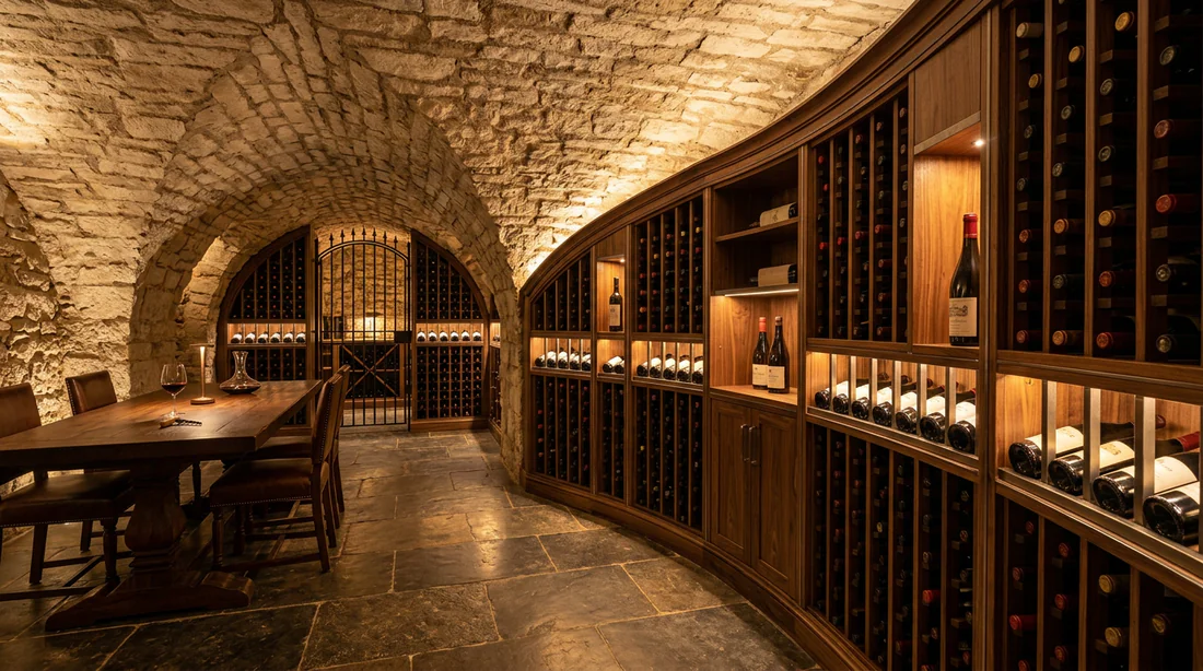 Casiers à vin sur-mesure en bois intégrés dans les voûtes en pierre d'une cave aménagée