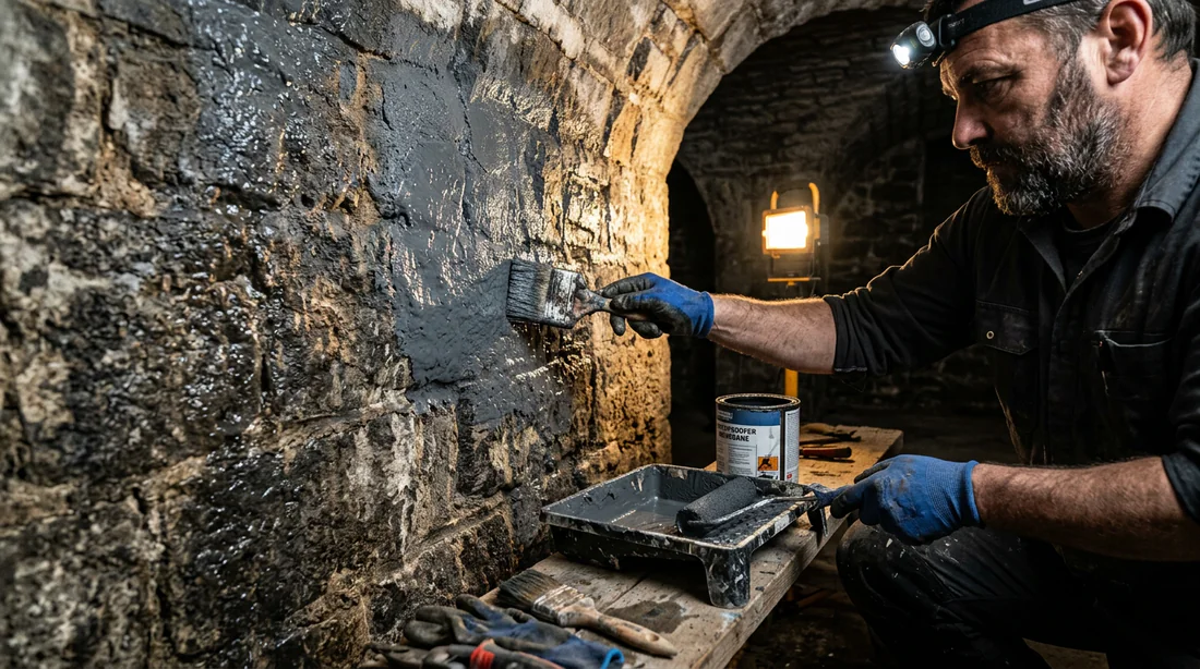 Traitement contre l'humidité et application d'une membrane d'étanchéité sur mur de cave