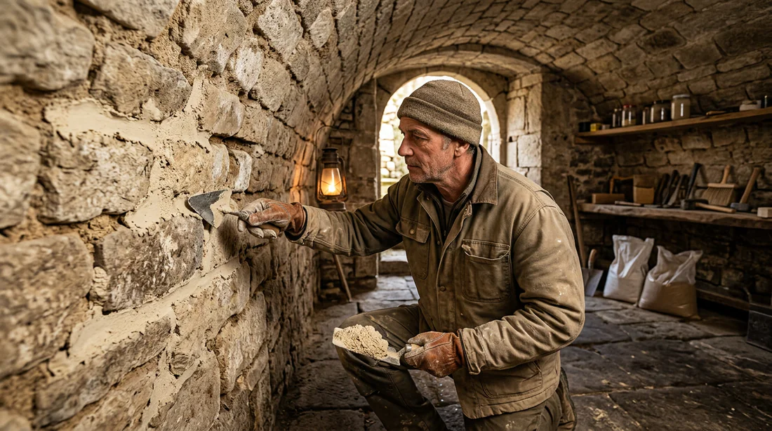 Artisan réalisant le rejointoiement au mortier de chaux des pierres d'une cave voûtée