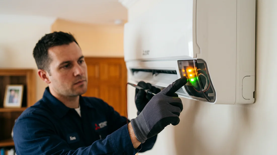 Technicien inspectant les voyants de fonctionnement d'une climatisation Mitsubishi