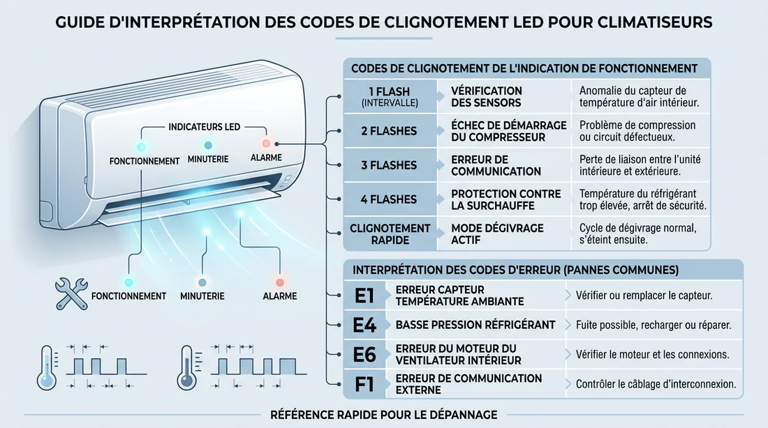 Schéma explicatif des clignotements des voyants d'un climatiseur Mitsubishi
