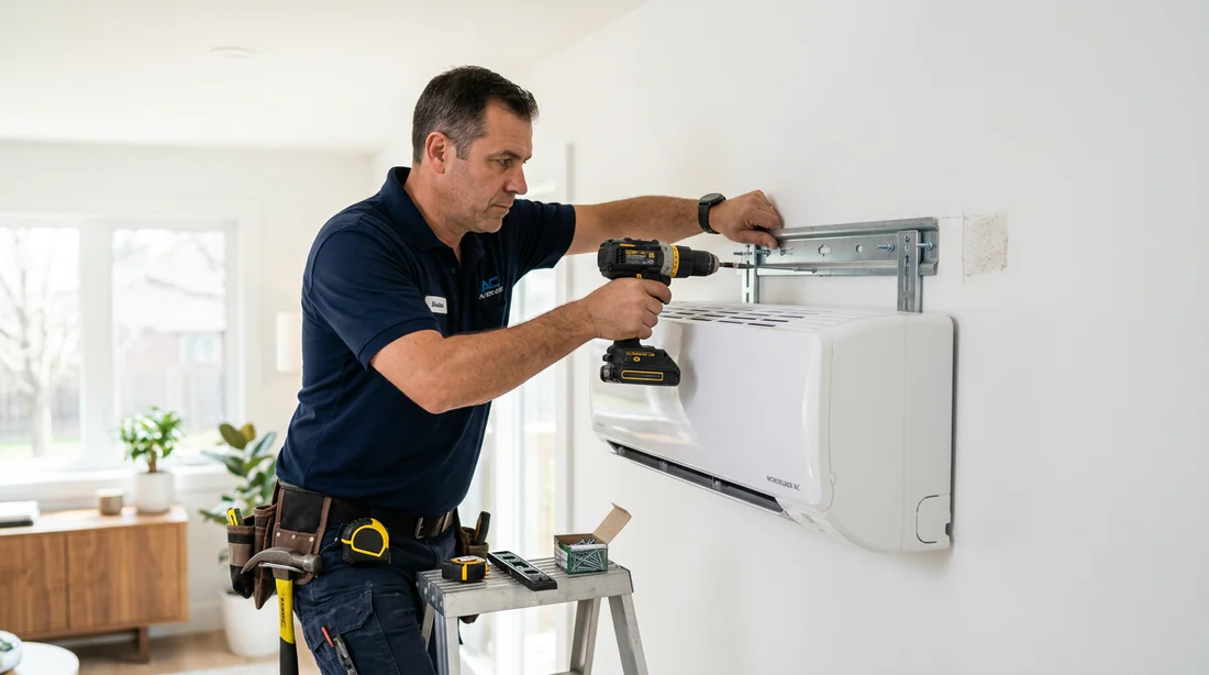 Technicien installant un climatiseur monobloc fixe sur un mur intérieur