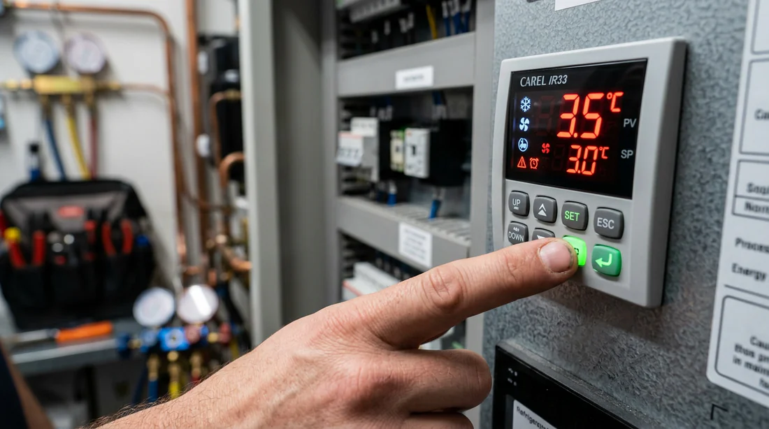 Technicien réglant les paramètres de consigne sur le régulateur Carel IR33