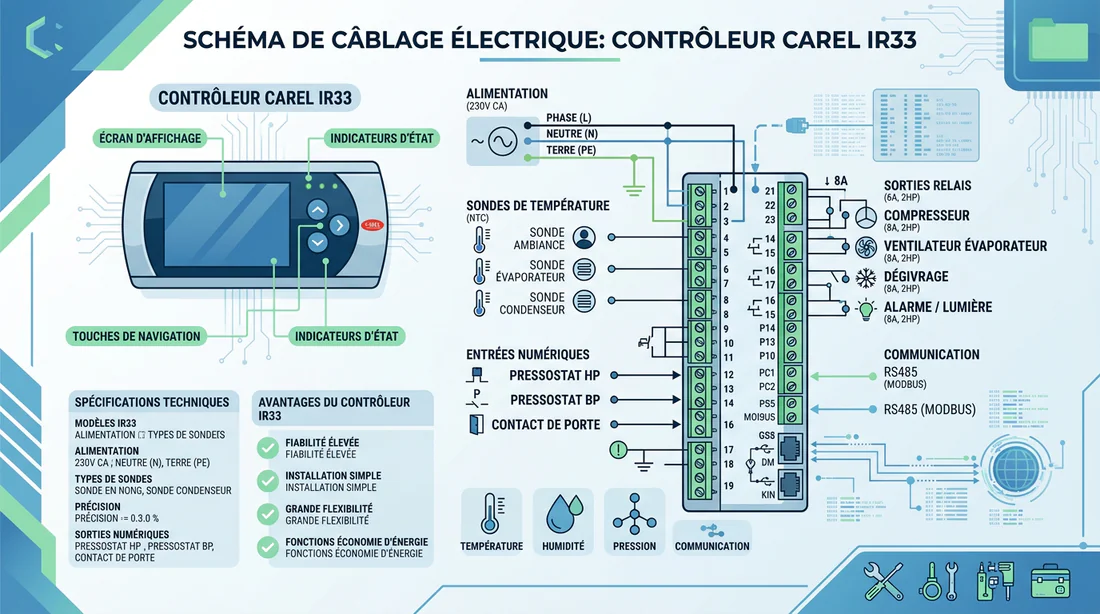Schéma de câblage électrique et raccordement des bornes du régulateur Carel IR33