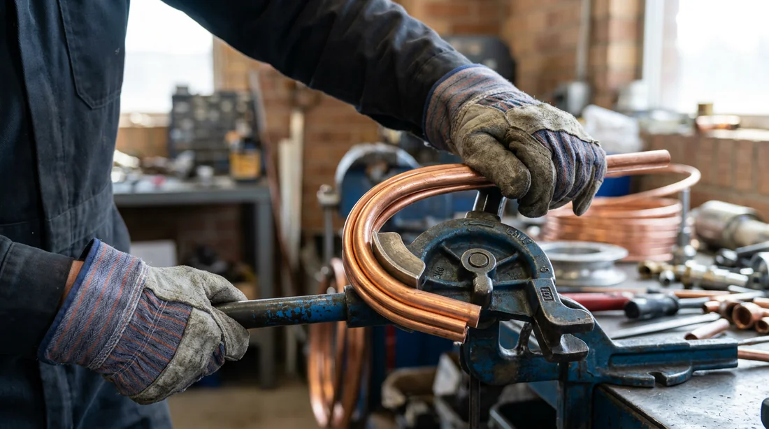 Technicien utilisant une cintreuse manuelle pour courber un tuyau en cuivre.