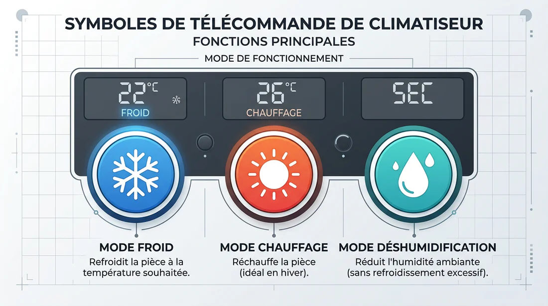 Schéma des symboles principaux : mode froid, mode chaud et déshumidification