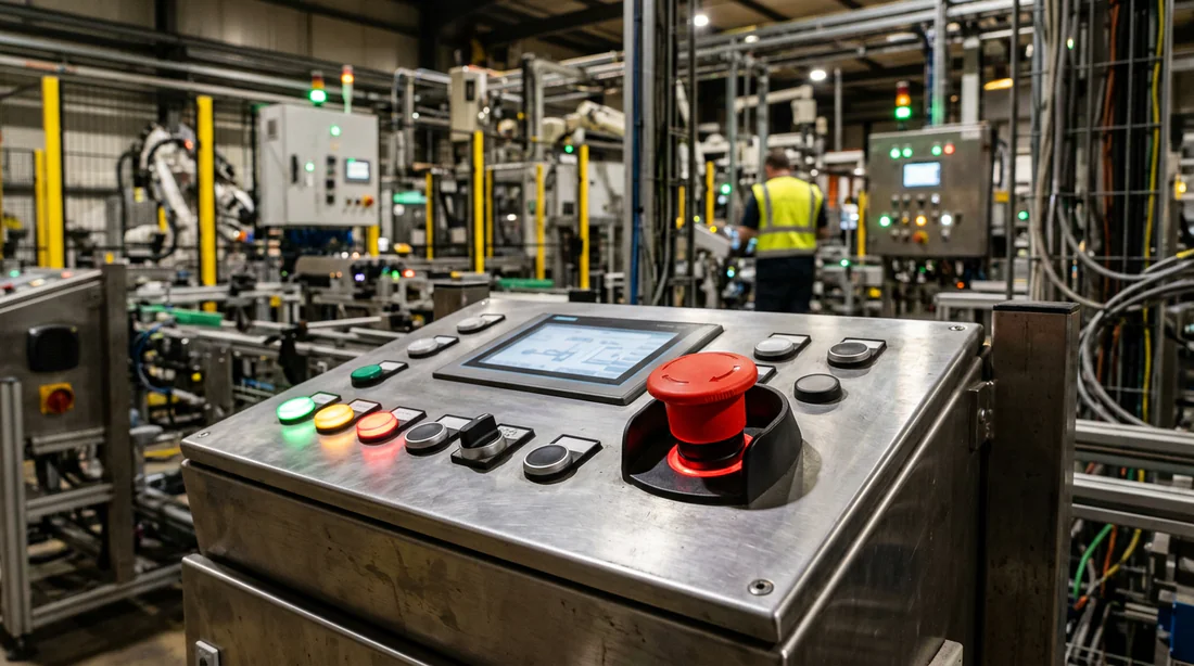 Bouton-poussoir coup de poing d'arrêt d'urgence en environnement industriel