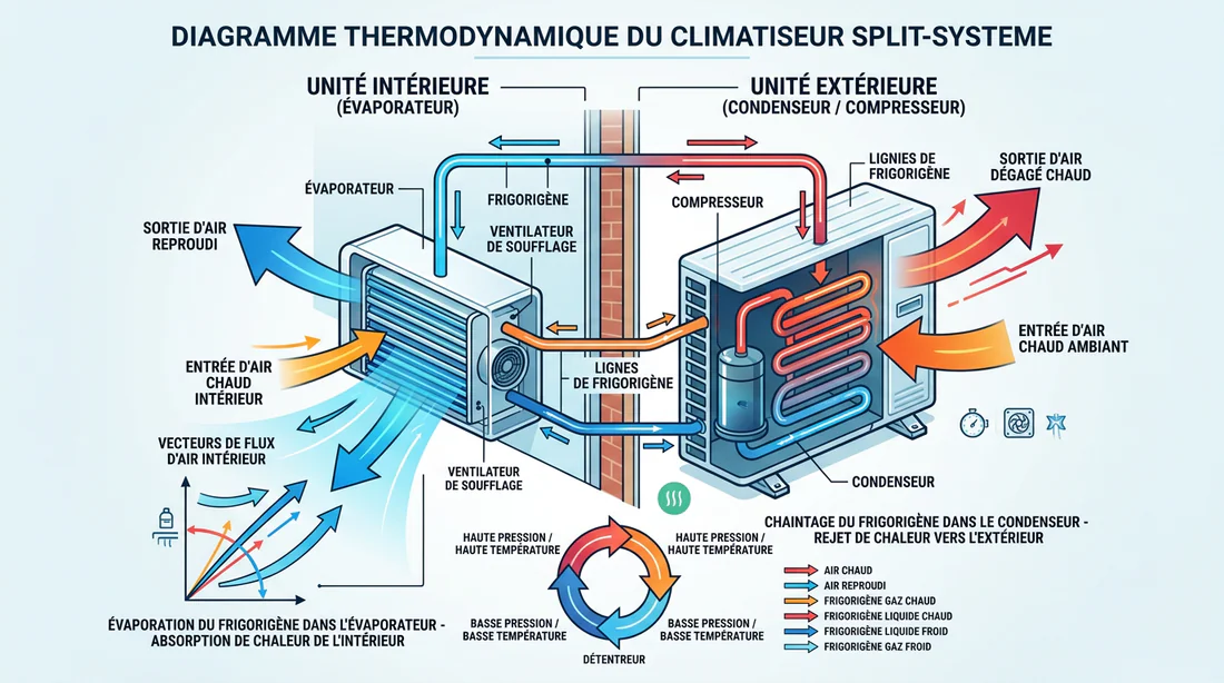 Infographie expliquant le cycle de fonctionnement et le transfert thermique d'un climatiseur