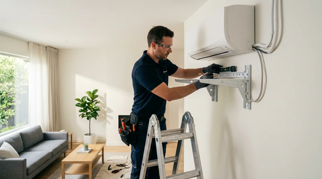 Installation professionnelle d'une unité murale de climatisation dans un salon