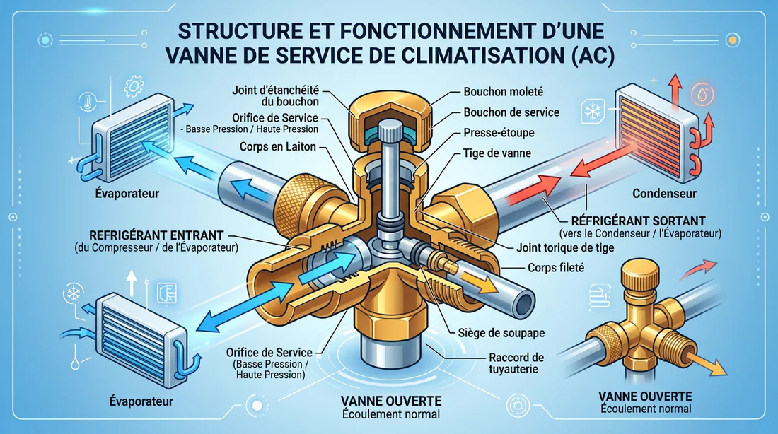 Schéma explicatif du fonctionnement d'une vanne de service de climatisation