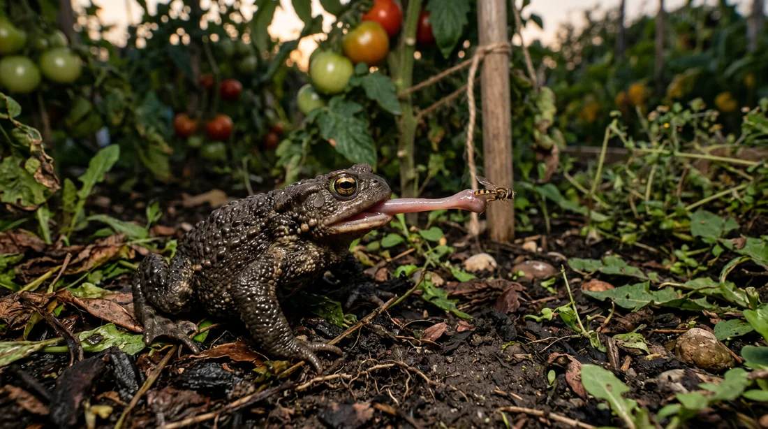 Crapaud chassant des insectes dans un potager