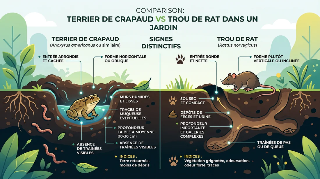 Infographie comparative expliquant les différences entre un trou de crapaud et un trou de rat