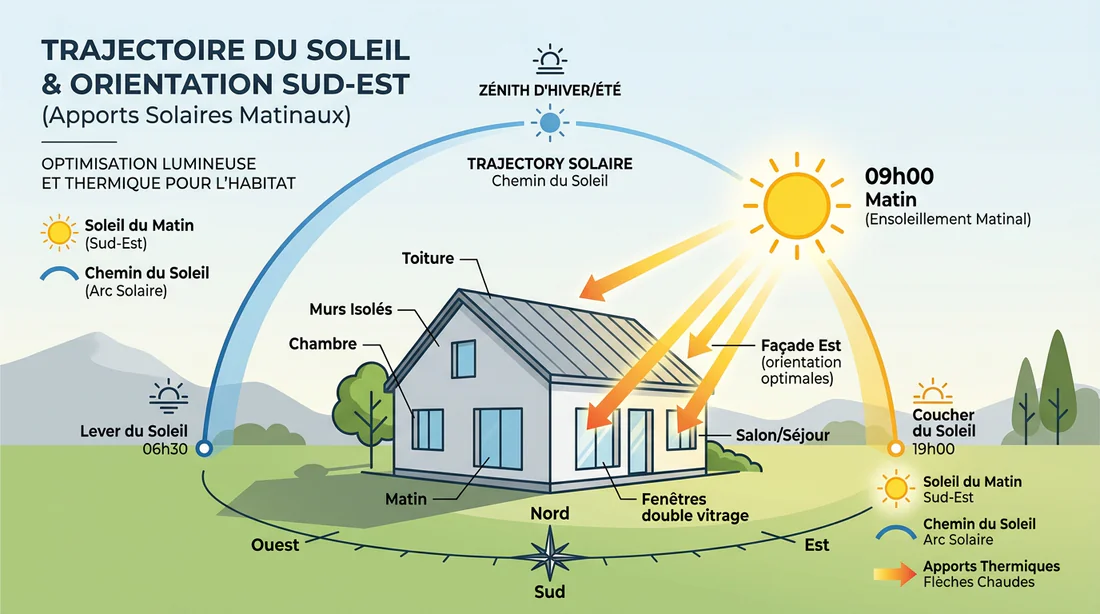 Schéma infographique de la trajectoire du soleil pour une maison orientée sud-est