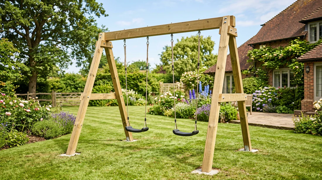 Portique en bois parfaitement fixé et sécurisé dans le jardin.