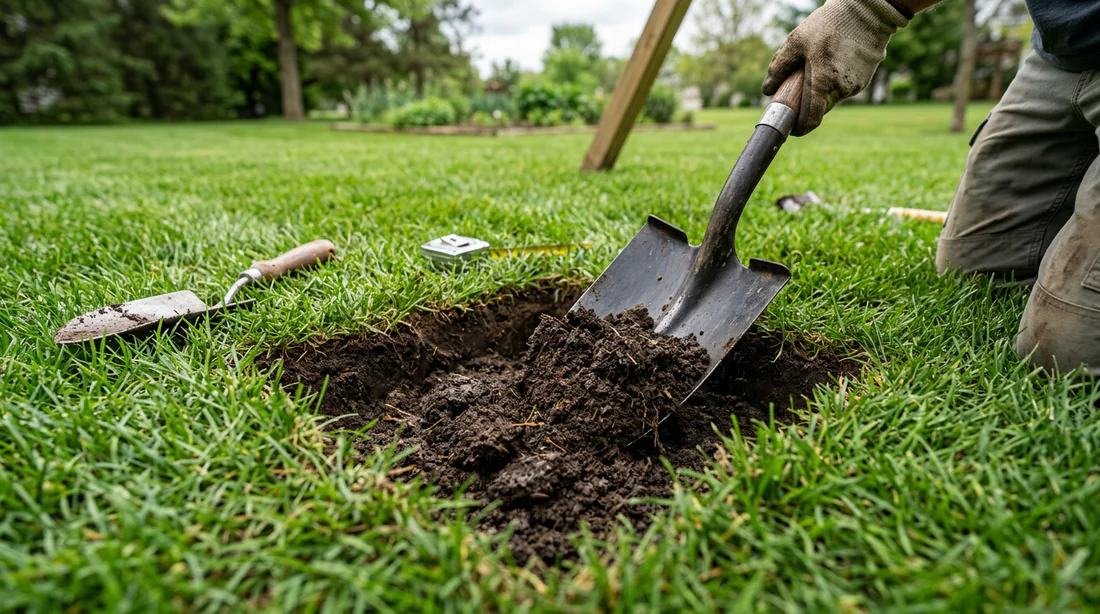 Creusement d'un trou carré dans la terre du jardin pour ancrer un portique.