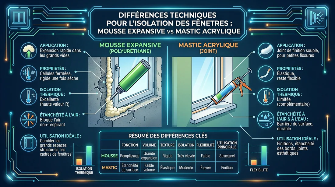 Infographie explicative comparant l'usage de la mousse expansive et du mastic étanche.