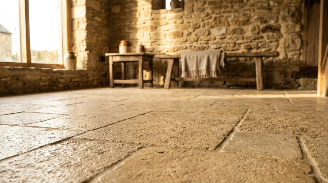 Finition et texture d'un sol en béton de chaux perspirant dans une maison ancienne