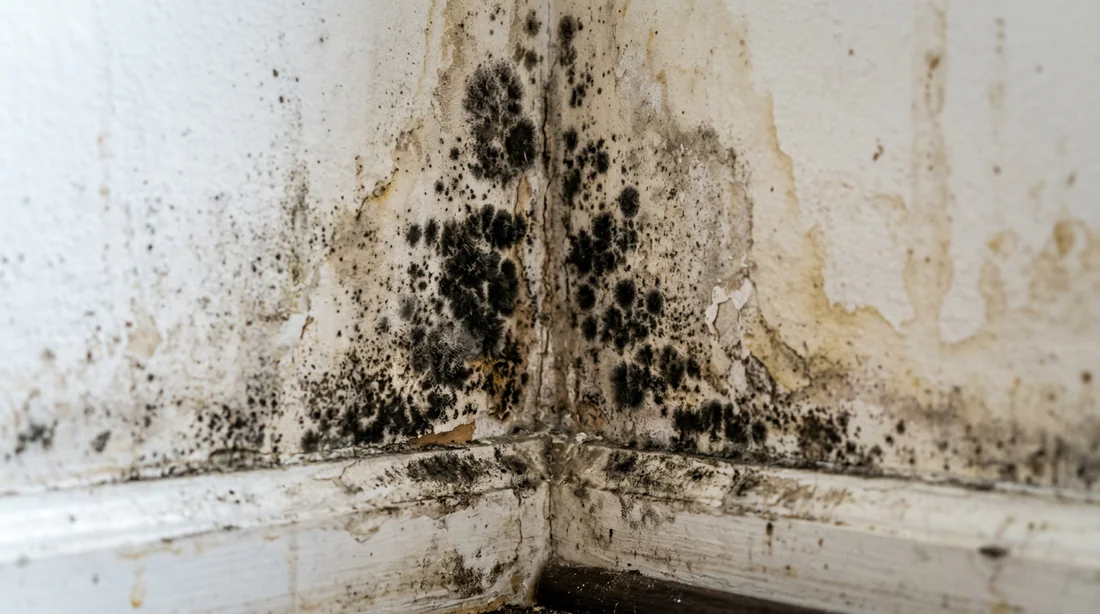Gros plan sur une tache de moisissure causée par l'humidité sur un mur