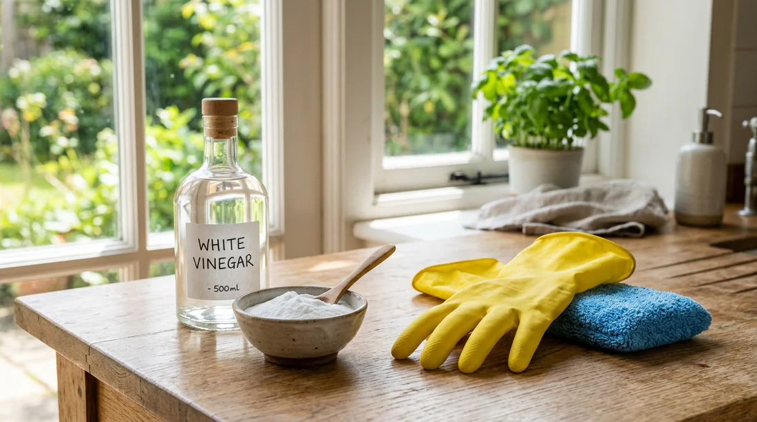Matériel de nettoyage écologique comprenant du vinaigre blanc et du bicarbonate