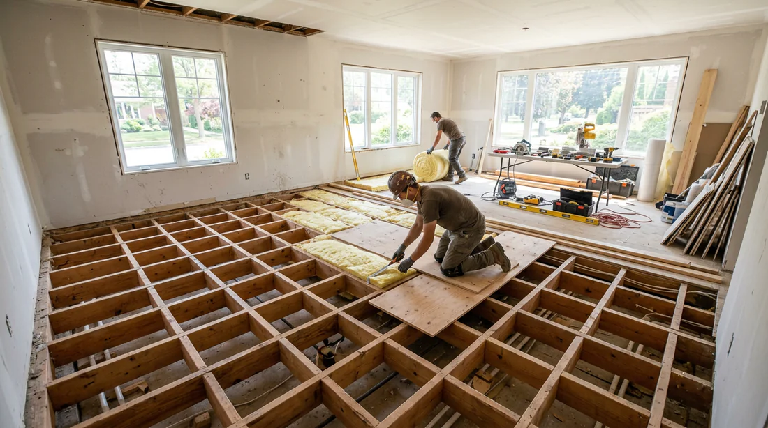 Chantier de rénovation intérieure d'une pièce avec solives en bois ouvertes.
