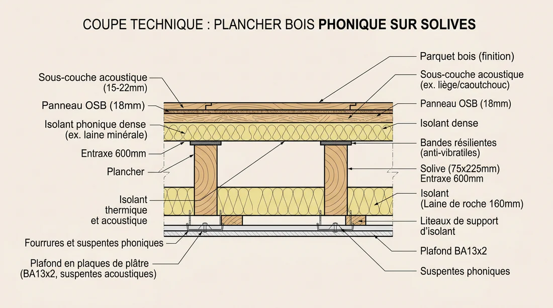 Schéma explicatif de la structure et de l'isolation d'un plancher sur solives.