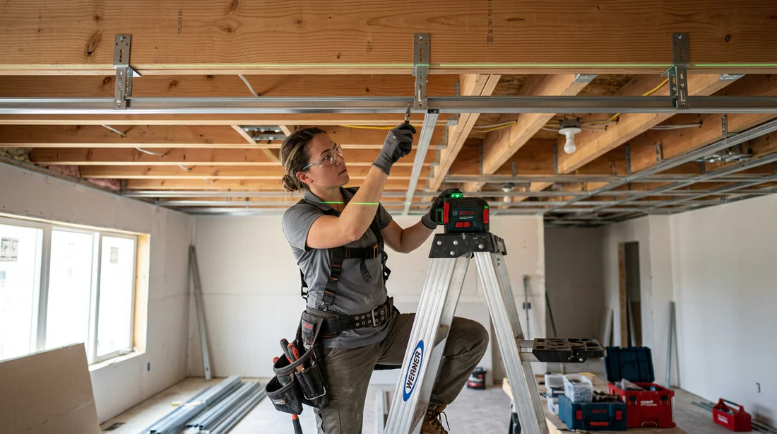 Installation et alignement des fourrures métalliques sur les suspentes au plafond