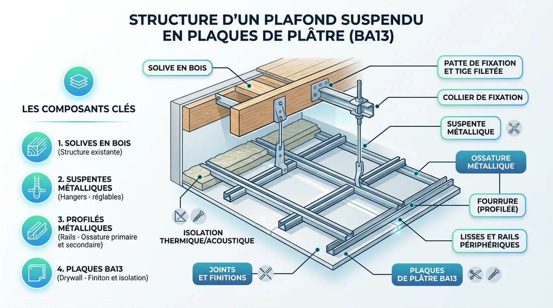 Schéma technique des composants d'un faux plafond suspendu en BA13