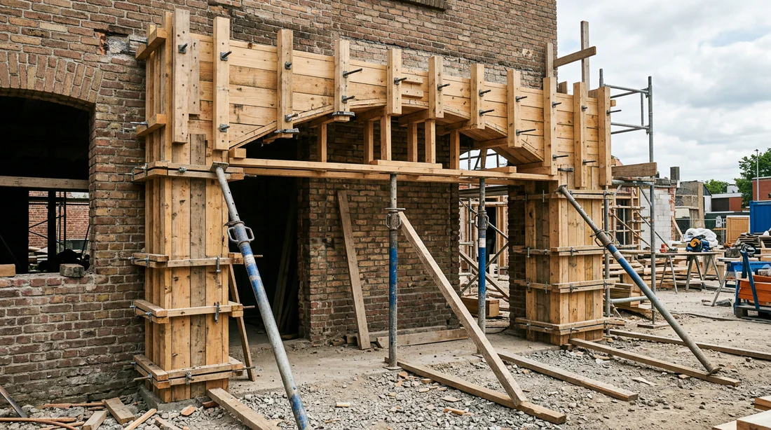 Coffrage en bois assemblé pour la création d'un linteau au-dessus d'une ouverture.