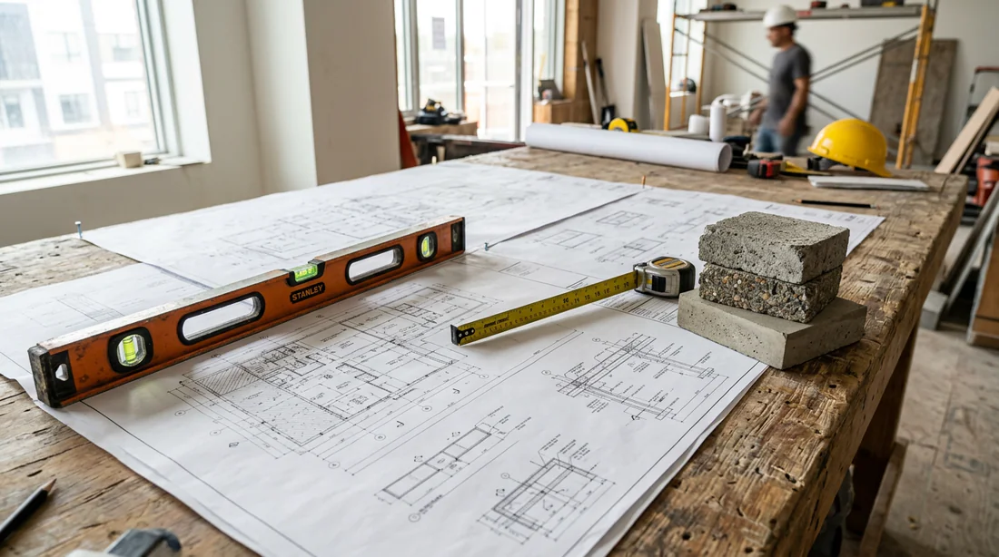 Plans de construction et matériel de mesure pour le dimensionnement d'un linteau.